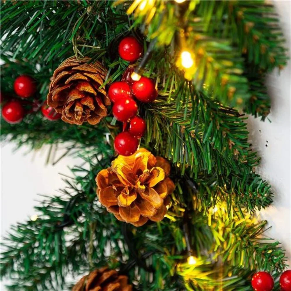 9Ft Christmas Garland Prelit with 100 LED Lights, 27 Pine Cones, 27 Red Berries